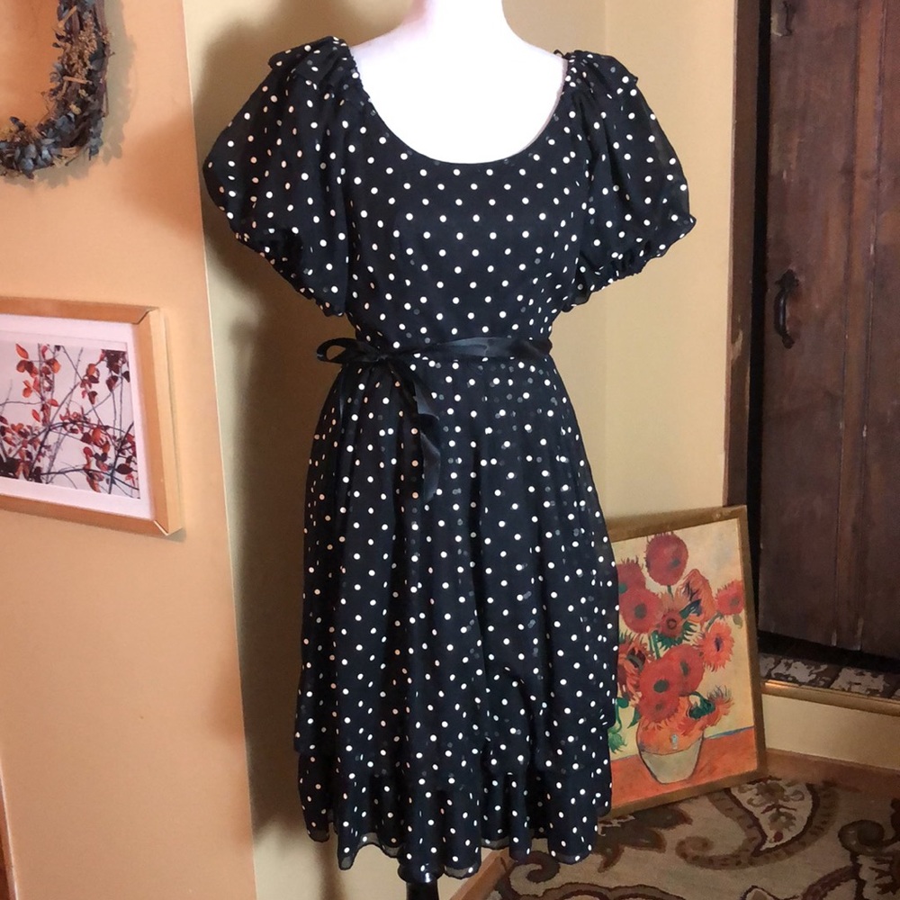 VINTAGE’60s Size 5/6 Polka Dot CUPCAKE Poof Sleeve On/Off Shoulder USA Union NEW